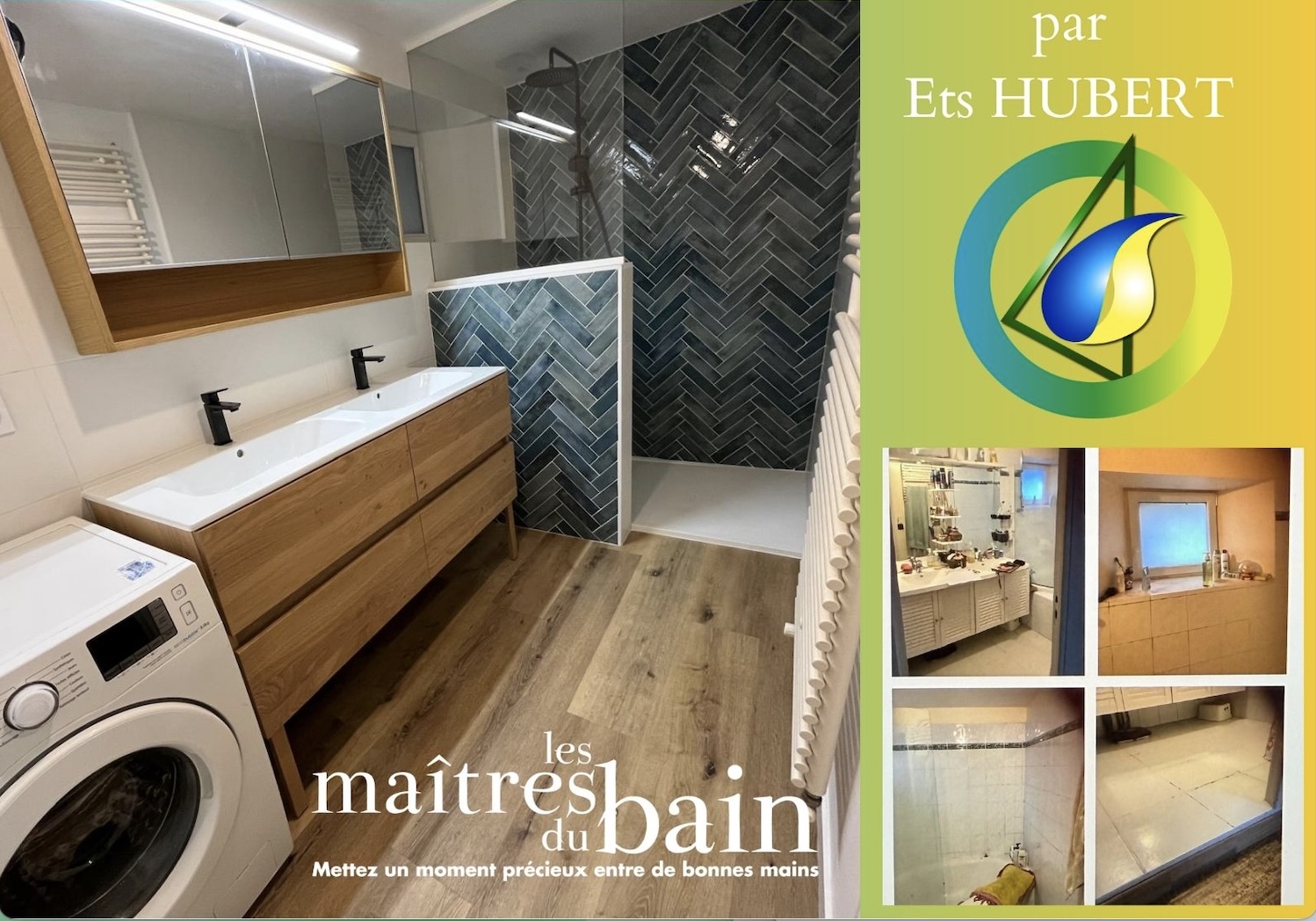 Meuble double vasques et miroirs lumineux, jolie robinetterie cuivrée