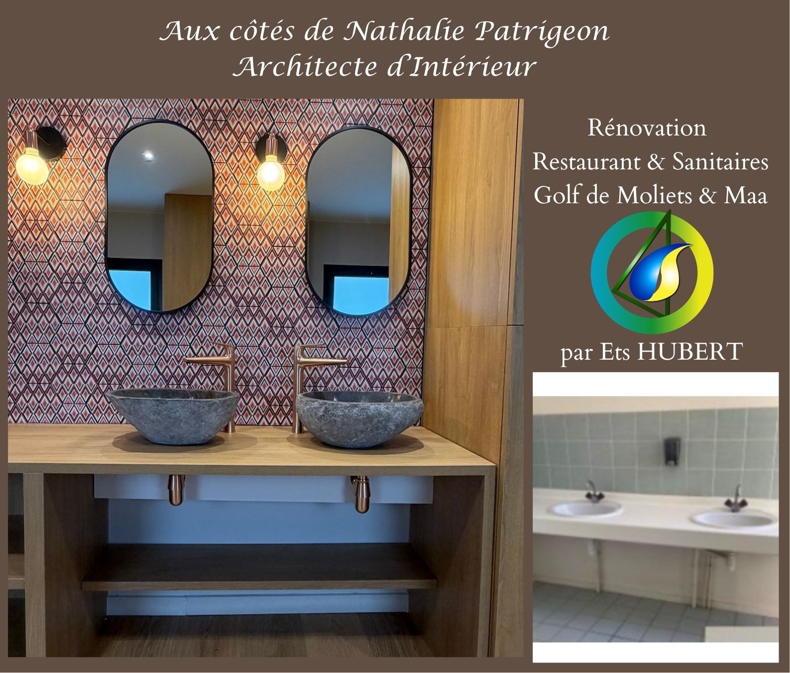Meuble double vasques et miroirs lumineux, jolie robinetterie cuivrée